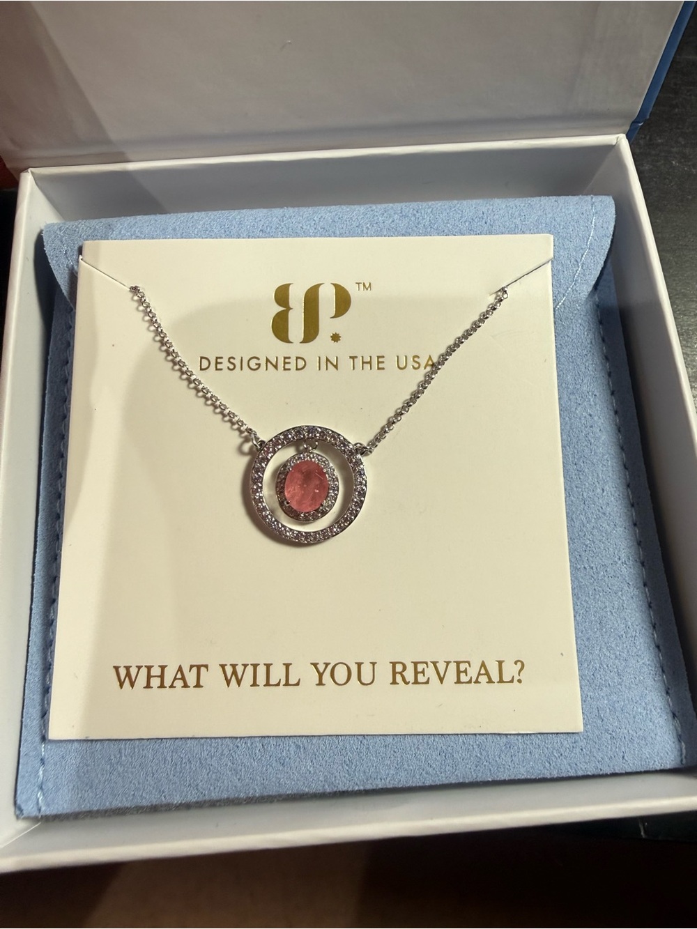 Silver Necklace with Pink Oval Gemstone and Pave Halo - Designed in the USA